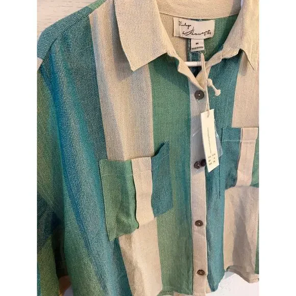 Vintage Havana Striped Button Down Top Green Cream Metallic Lurex Shirt (M) NWT - Picture 3 of 11